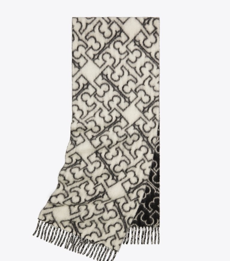 Tory Burch designer scarves Puzzle Logo Scarf in Black / Ivory overhead