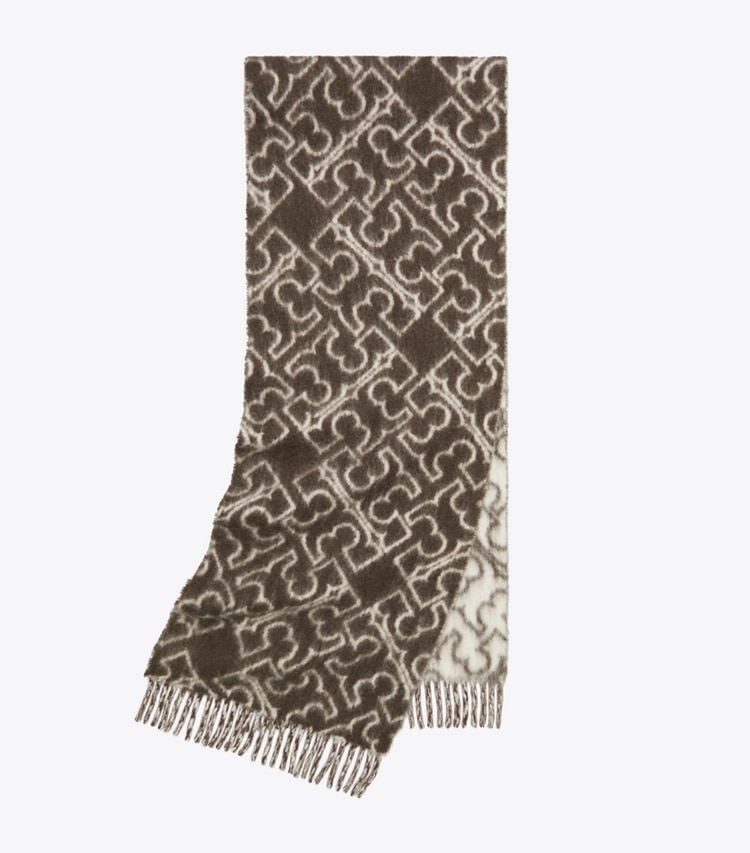 Tory Burch designer scarves Puzzle Logo Scarf in Brown / Ivory folded