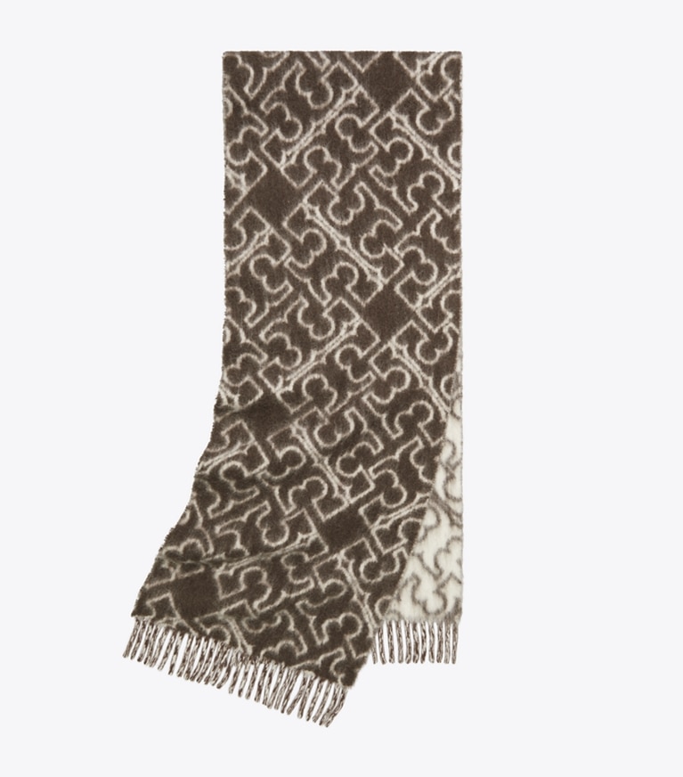 Tory Burch designer scarves Puzzle Logo Scarf in Brown / Ivory overhead
