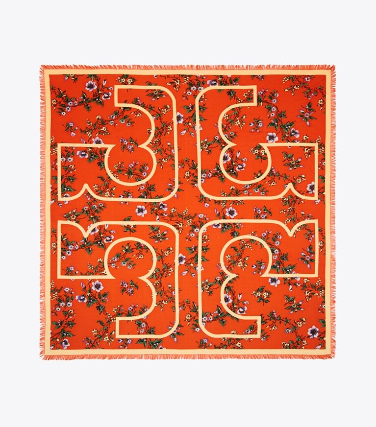 Tory Burch designer schals Quadratischer Kira Lyonnaise Oversize-Wollschal mit Blumenmuster in Brick von oben