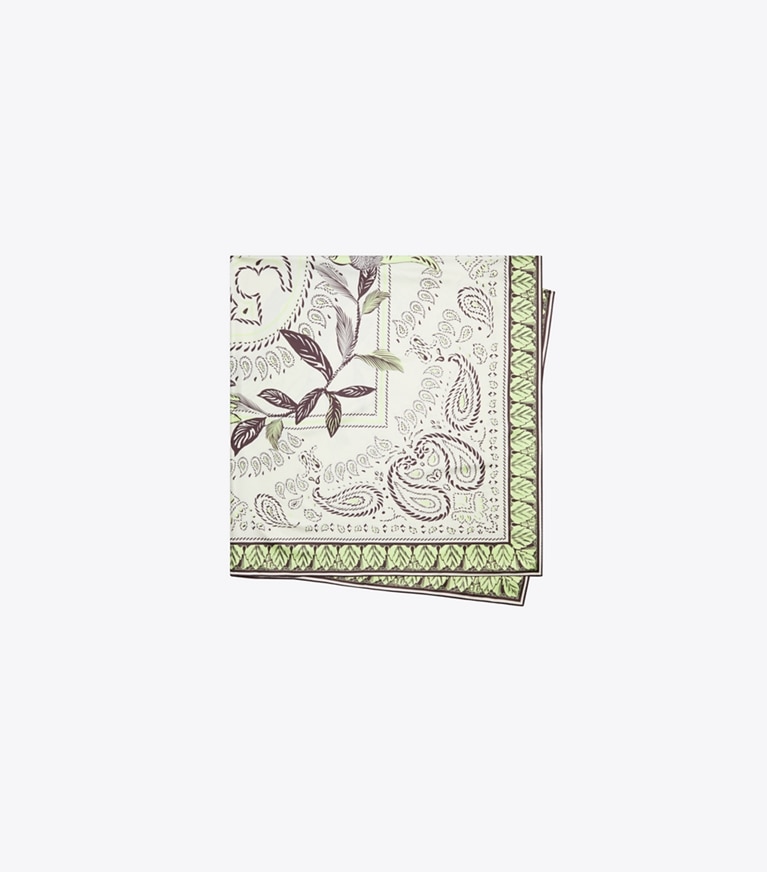 Tory Burch designer schals Quadratisches Oversize-Bandanatuch mit Kakadu-Print in Mint Cockatoo folded