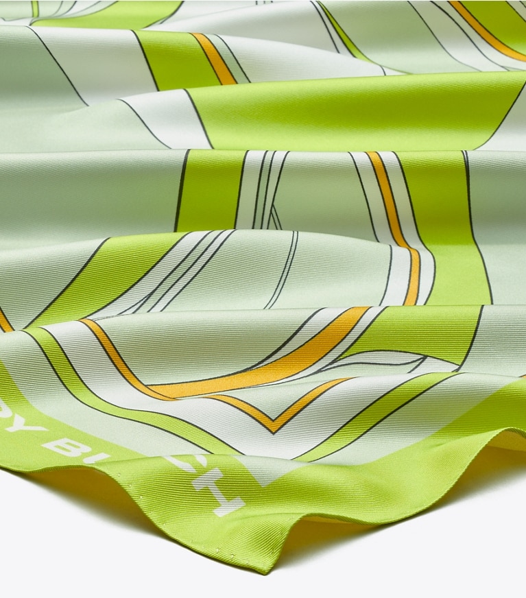 Tory Burch designer schals Quadratisches Oversize-Seidentuch mit verschnörkeltem Blumen-Print in Chartreuse von oben