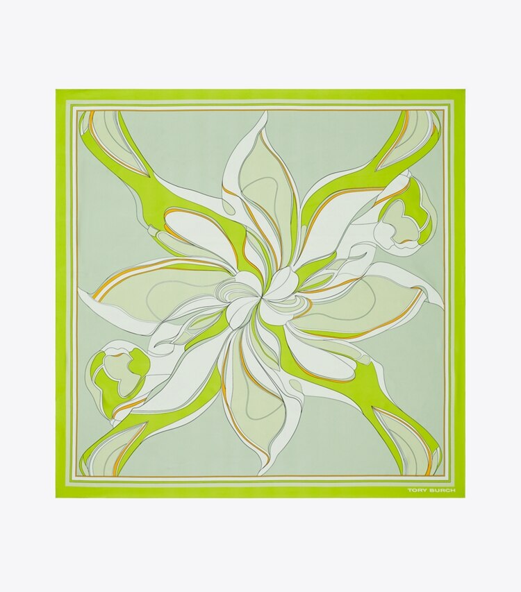 Tory Burch designer schals Quadratisches Oversize-Seidentuch mit verschnörkeltem Blumen-Print in Chartreuse von oben