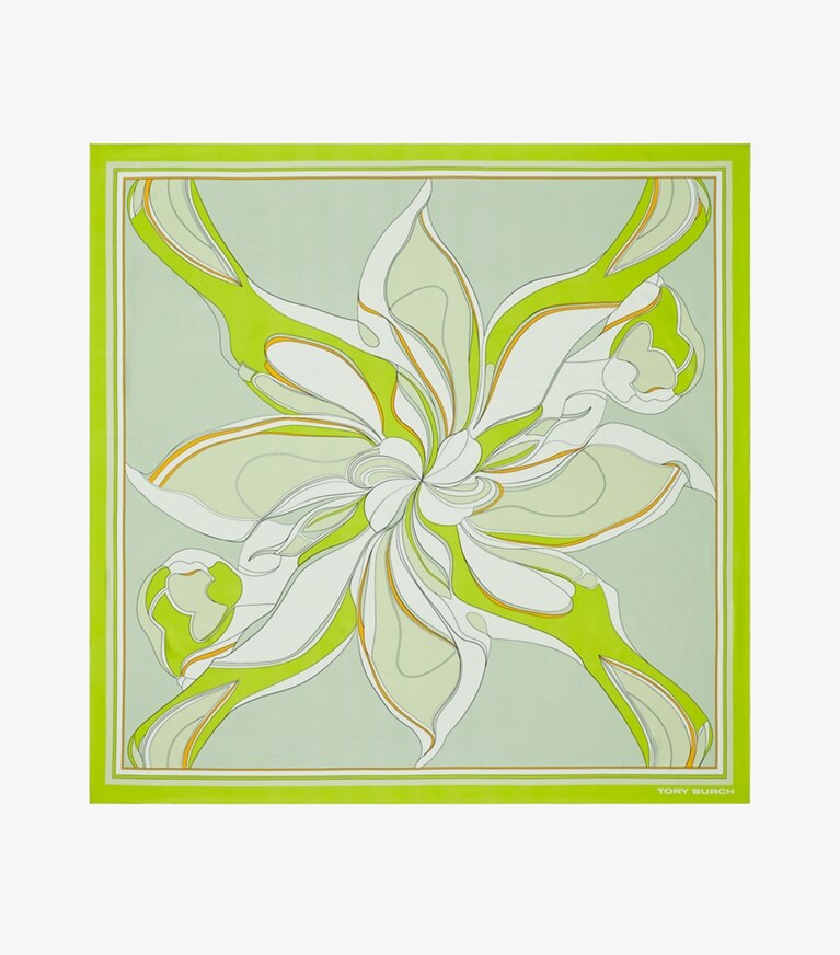 Tory Burch designer schals Quadratisches Oversize-Seidentuch mit verschnörkeltem Blumen-Print in Chartreuse von oben