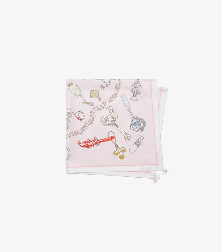 Tory Burch designer schals Quadratisches Seidentuch mit Rassel-Print in Rattles Pink folded