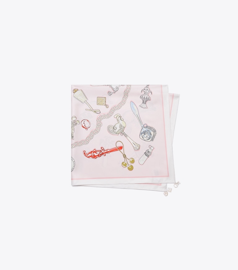 Tory Burch designer schals Quadratisches Seidentuch mit Rassel-Print in Rattles Pink folded