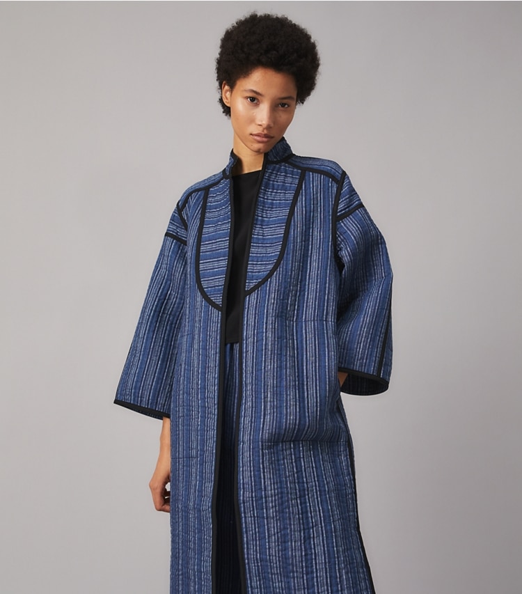 Tory Burch designer jackets Quilted Linen Jacket in  INDIGO LINEN on model detail