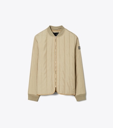 Tory Burch designer ジャケット キルティング ナイロン ジャケット in Taupe Gray front