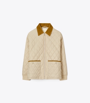 Tory Burch designer jackets Quilted Nylon Jacket in Light Khaki / Terracotta front