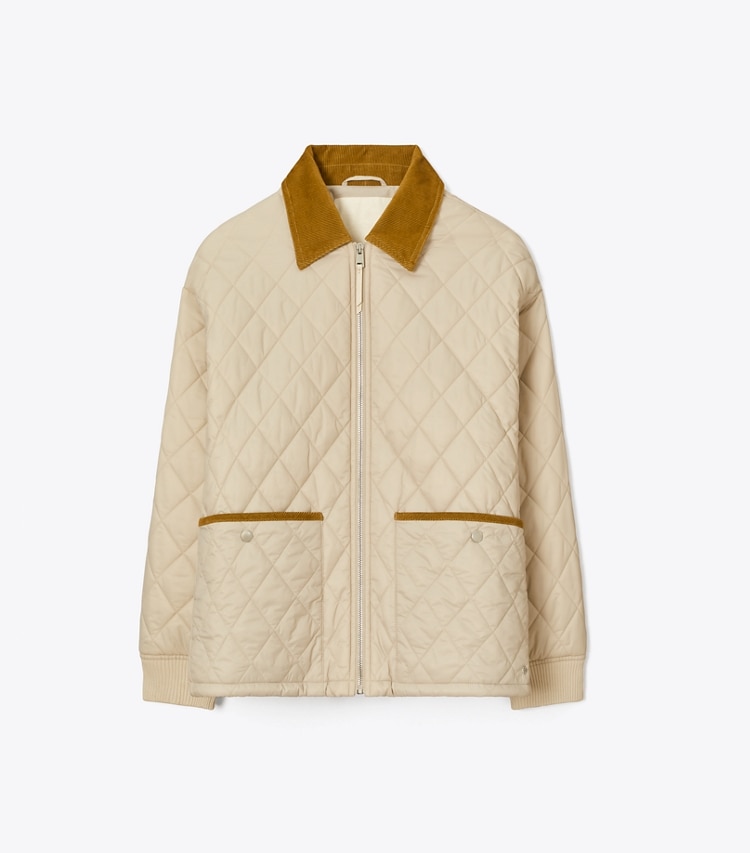 Tory Burch designer jackets Quilted Nylon Jacket in Light Khaki / Terracotta front