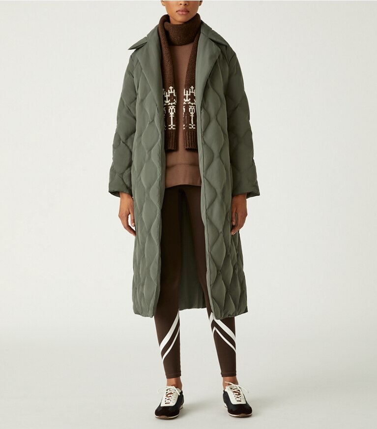 Tory Sport designer coats Quilted Reversible Oversized Down Coat in Mountain Fern front