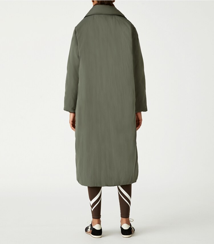 Tory Sport designer coats Quilted Reversible Oversized Down Coat in Mountain Fern on model back