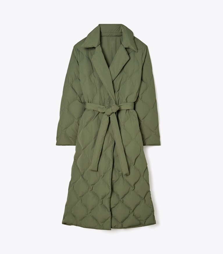Tory Sport designer coats Quilted Reversible Oversized Down Coat in Mountain Fern front