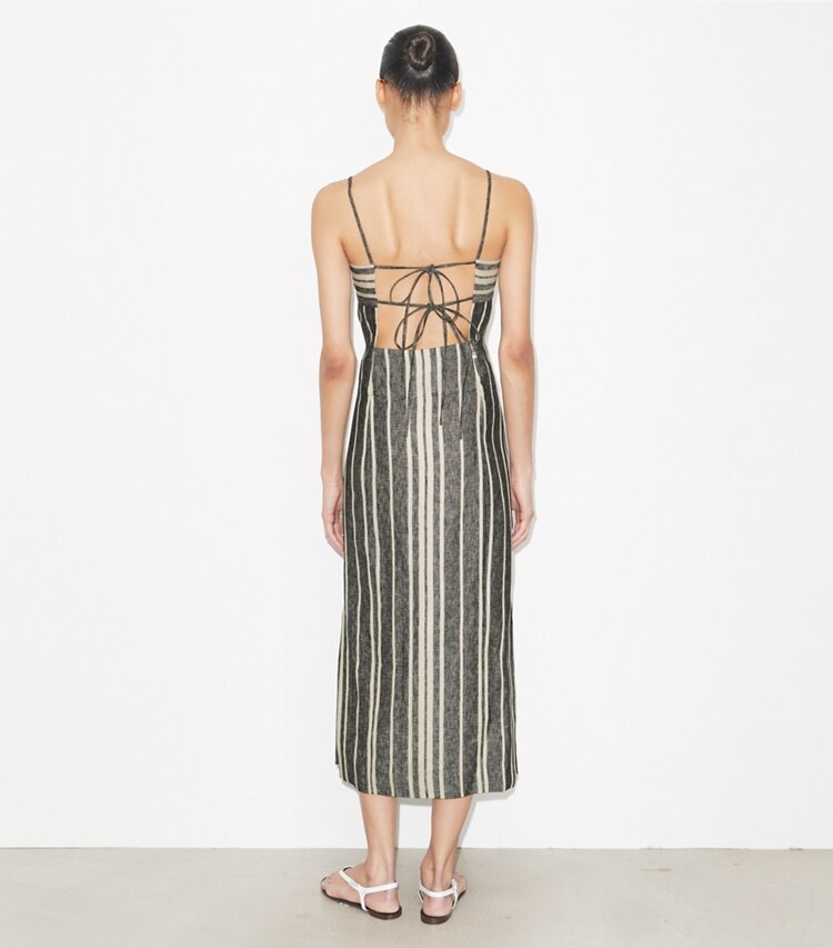 Tory Burch designer strandmode Rückenfreies Leinenkleid in Black / Ivory on model back