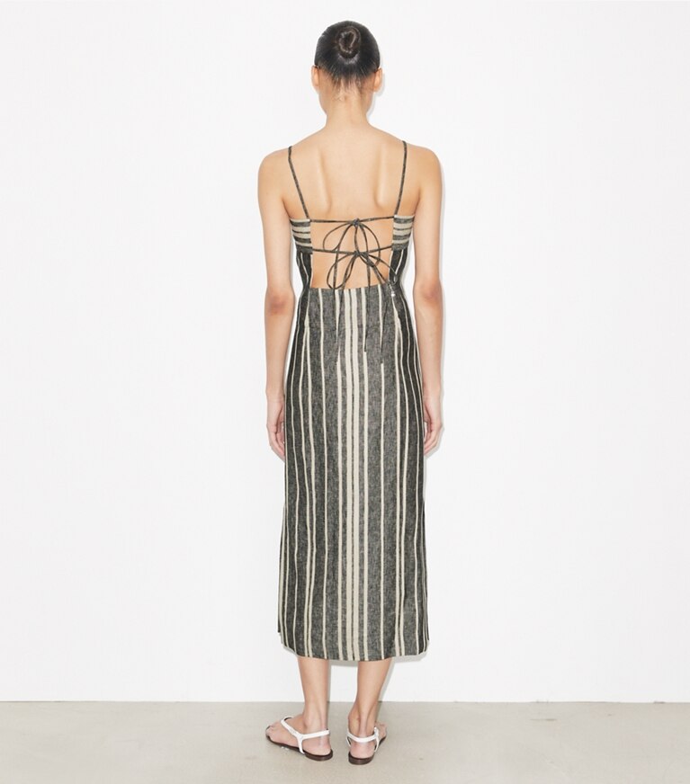 Tory Burch designer strandmode Rückenfreies Leinenkleid in Black / Ivory on model back