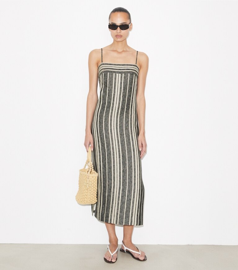 Tory Burch designer strandmode Rückenfreies Leinenkleid in Black / Ivory modell von vorn