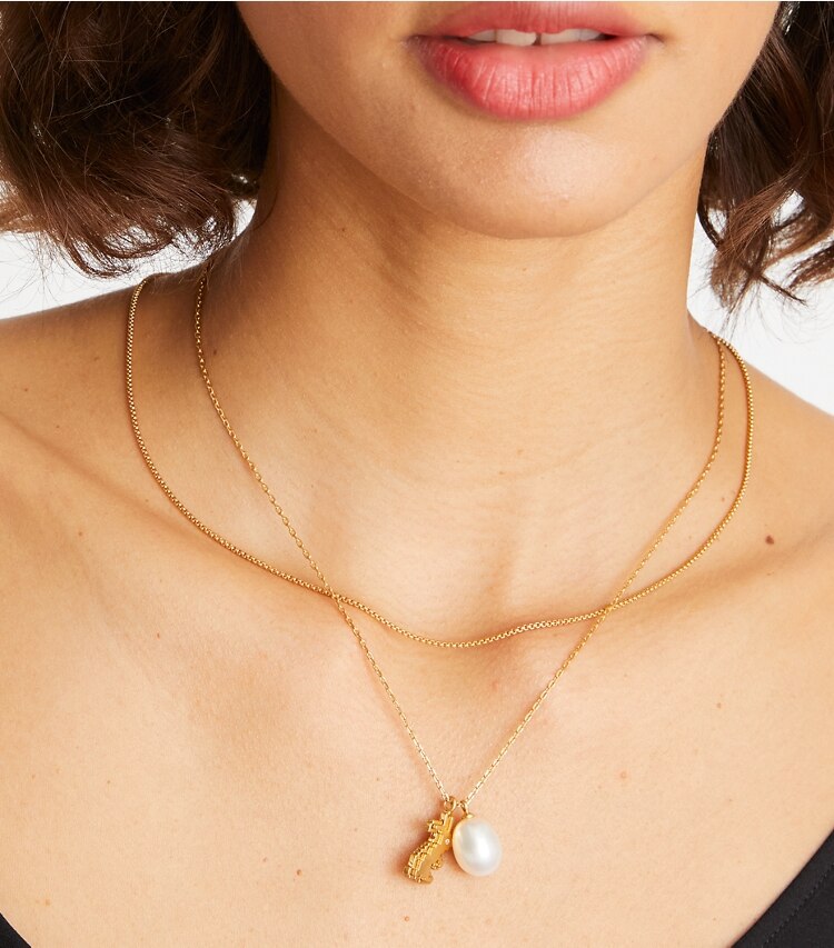 Tory Burch designer necklaces Rabbit Double-Strand Necklace in Rolled Gold/Pearl accessory on model
