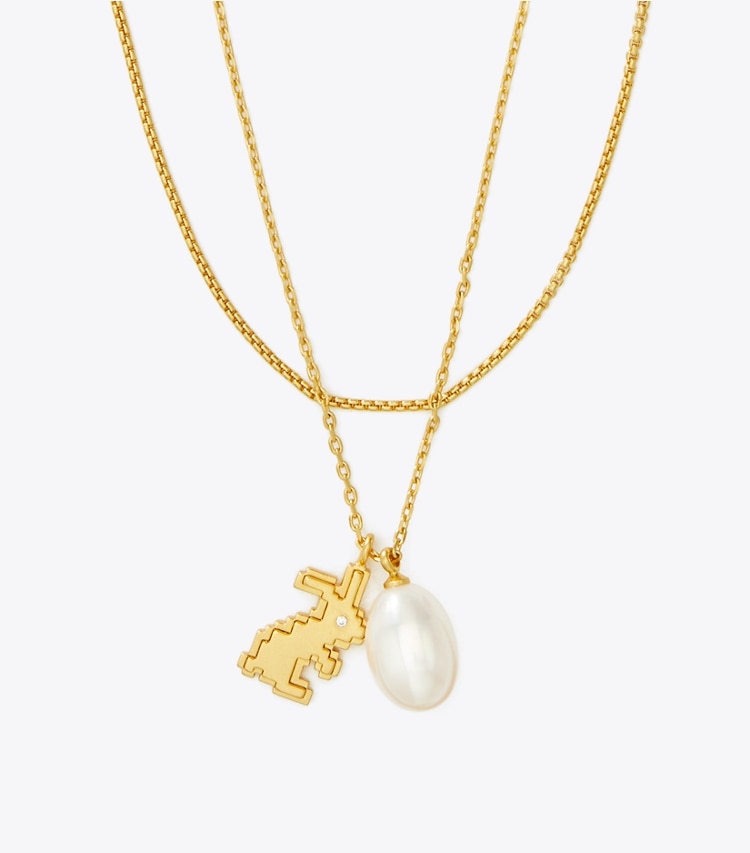 Tory Burch designer necklaces Rabbit Double-Strand Necklace in Rolled Gold/Pearl detail