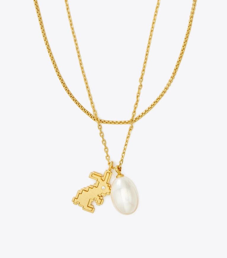 Tory Burch designer necklaces Rabbit Double-Strand Necklace in Rolled Gold/Pearl front