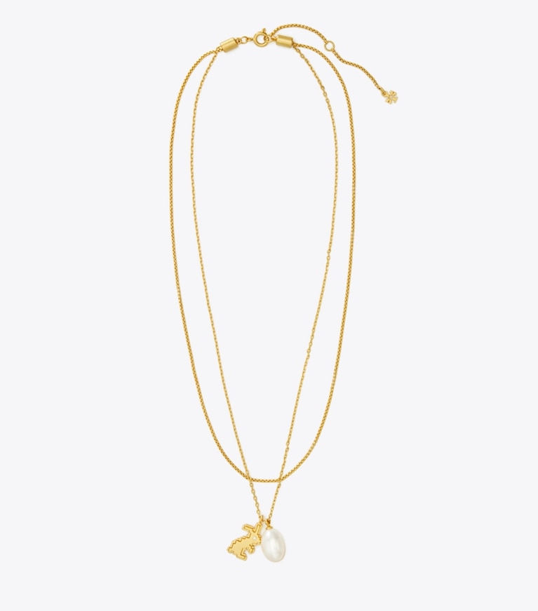 Tory Burch designer necklaces Rabbit Double-Strand Necklace in Rolled Gold/Pearl front