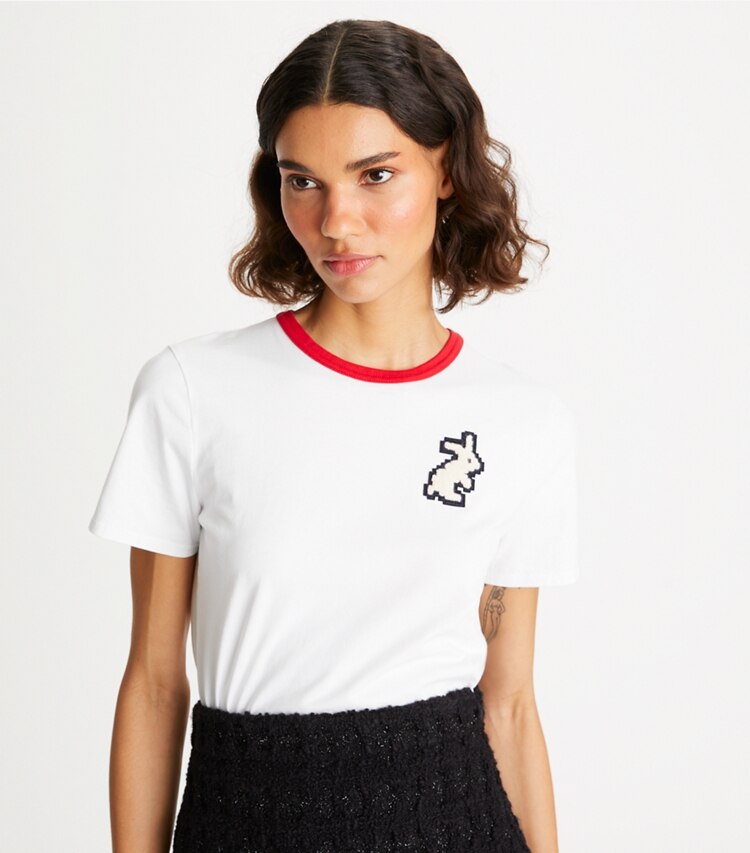 Tory Burch designer tops Rabbit Patch T-Shirt in White on model detail