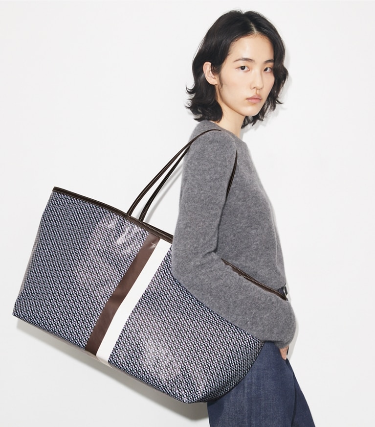 Tory Burch designer tote bags Racer XL Tote in Blue accessory on model