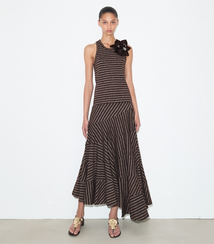 Tory Burch designer oberteile Racerback-Tanktop in Brown / Navy / White Stripe modell von vorn