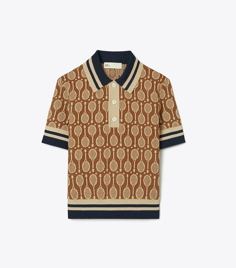 Tory Sport designer sweaters Racquet Jacquard Polo Sweater in Brown Racquets front