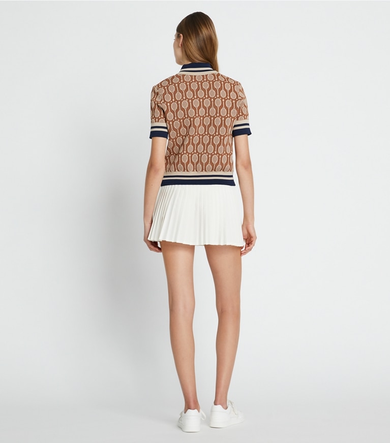 Tory Sport designer sweaters Racquet Jacquard Polo Sweater in Brown Racquets front