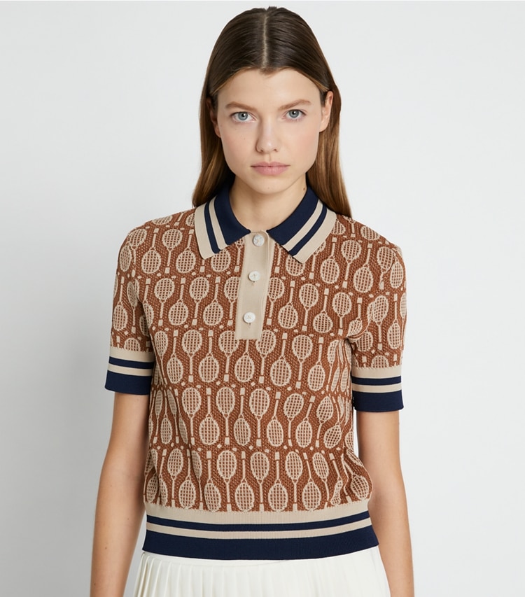 Tory Sport designer sweaters Racquet Jacquard Polo Sweater in Brown Racquets on model detail