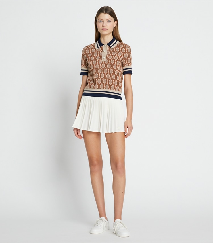 Tory Sport designer sweaters Racquet Jacquard Polo Sweater in Brown Racquets on model front