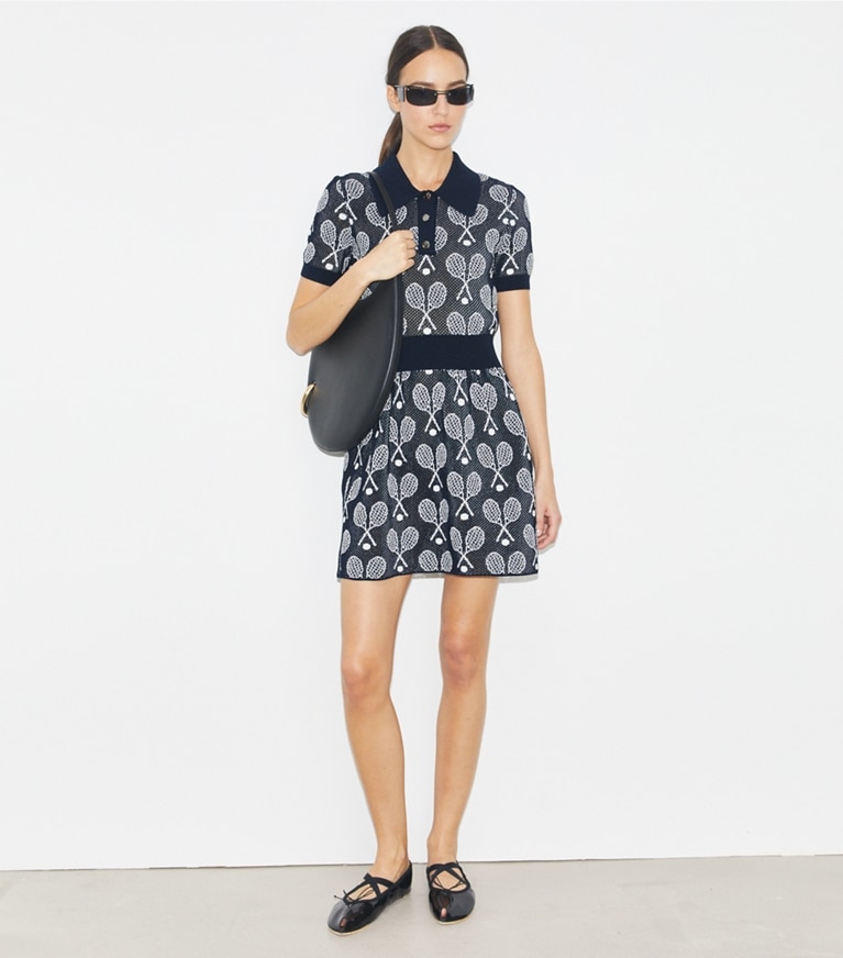 Tory Sport designer dresses Racquet Mesh Dress in Tory Navy / New Ivory front