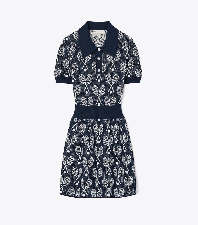 Tory Sport designer dresses Racquet Mesh Dress in Tory Navy / New Ivory front