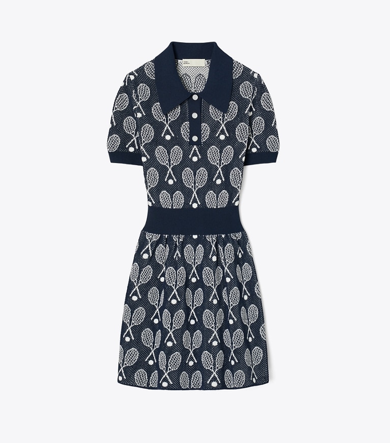 Tory Sport designer dresses Racquet Mesh Dress in Tory Navy / New Ivory front
