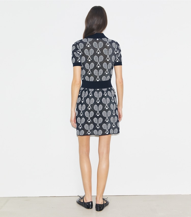 Tory Sport designer dresses Racquet Mesh Dress in Tory Navy / New Ivory on model back