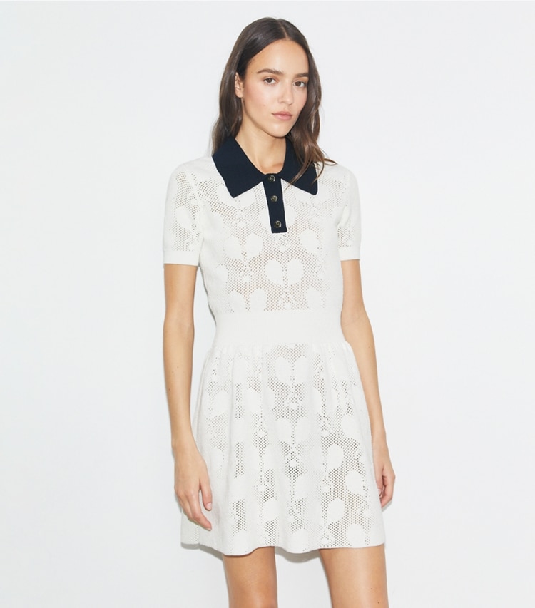 Tory Sport designer dresses Racquet Mesh Dress in NEW IVORY on model detail
