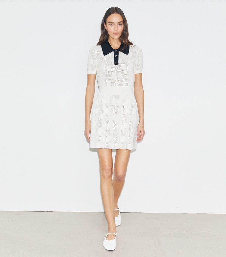 Tory Sport designer dresses Racquet Mesh Dress in NEW IVORY on model front