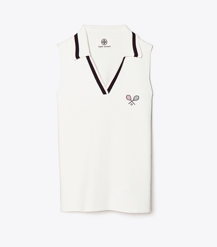 Tory Sport designer tops Racquet Ribbed-Knit Sleeveless Polo in Snow White front