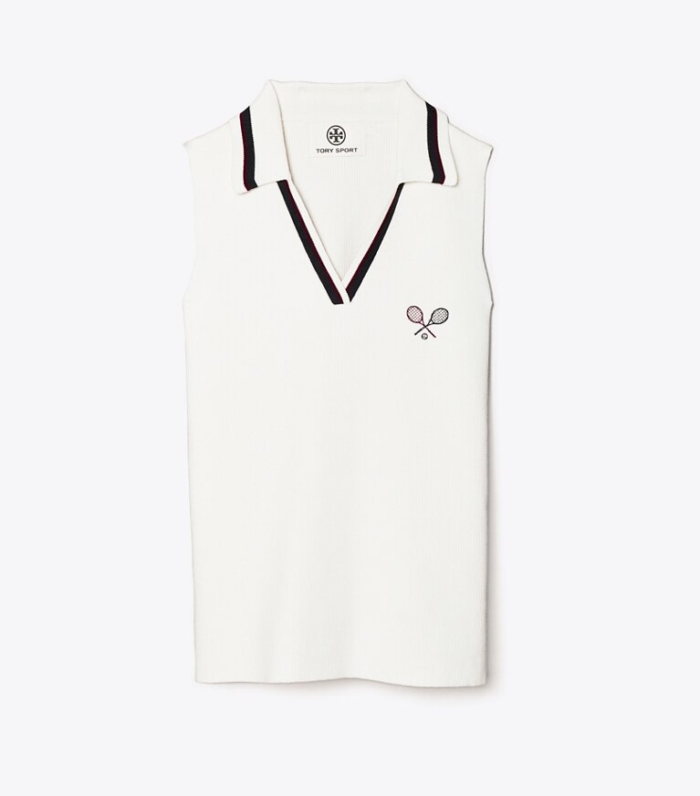 Tory Sport designer tops Racquet Ribbed-Knit Sleeveless Polo in Snow White front