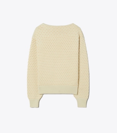 Tory Burch designer sweaters Raffia Embroidered Wool Sweater in Pale Almond / Raffia front