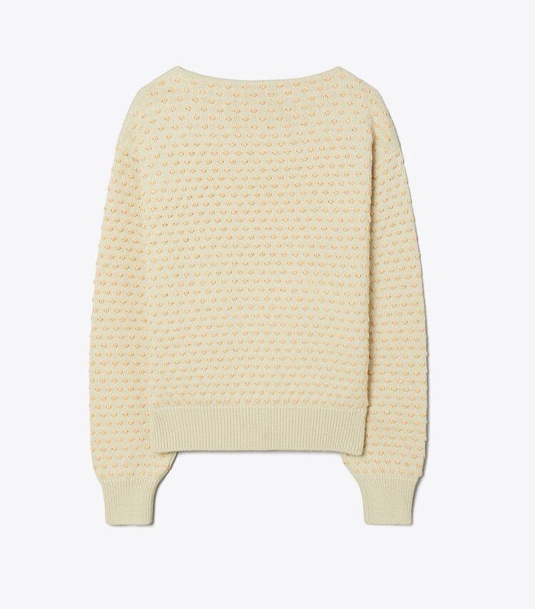 Tory Burch designer sweaters Raffia Embroidered Wool Sweater in Pale Almond / Raffia front