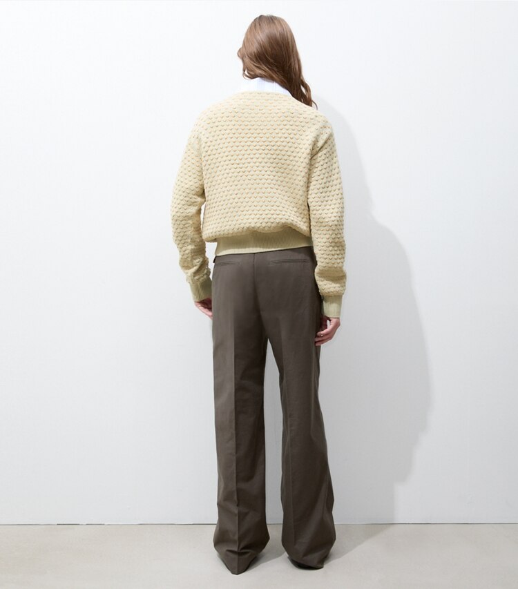 Tory Burch designer sweaters Raffia Embroidered Wool Sweater in Pale Almond / Raffia on model back