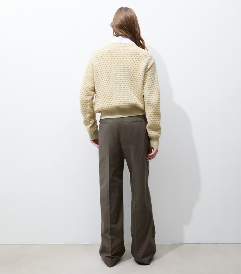 Tory Burch designer sweaters Raffia Embroidered Wool Sweater in Pale Almond / Raffia on model back
