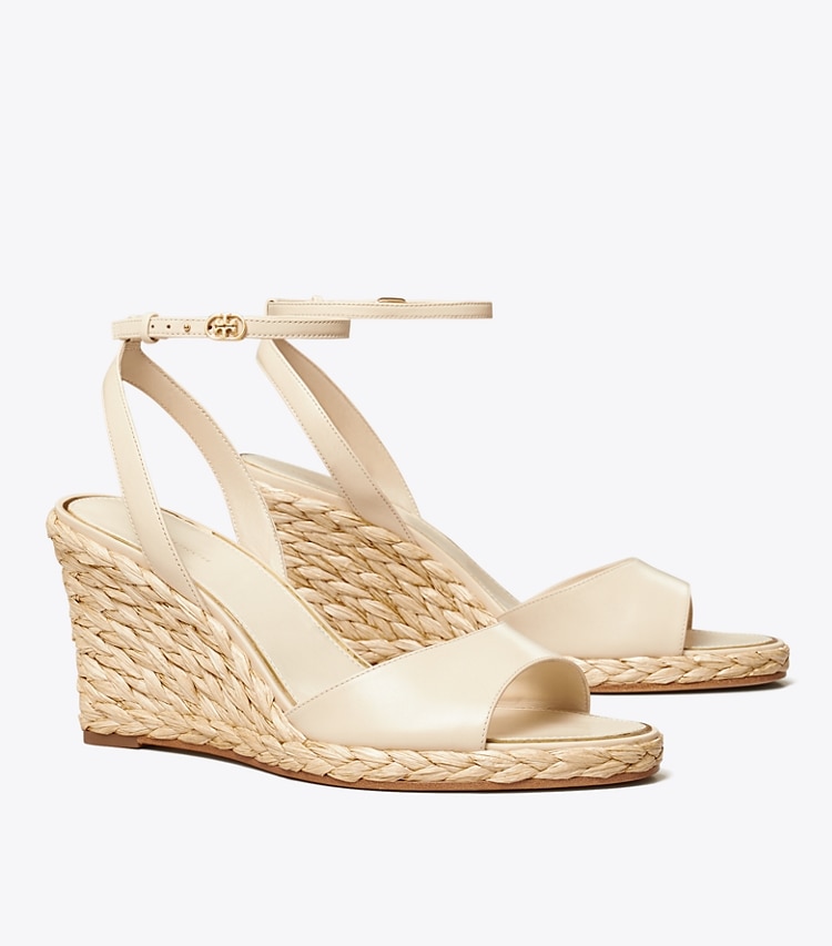 Tory Burch designer sandals Raffia Wedge Sandal in NEW CREAM angle