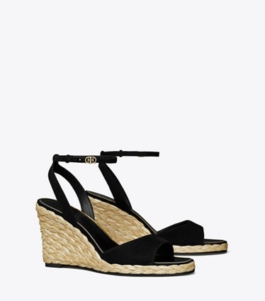 Tory Burch designer espadrilles Raffia Wedge Sandal in PERFECT BLACK angle
