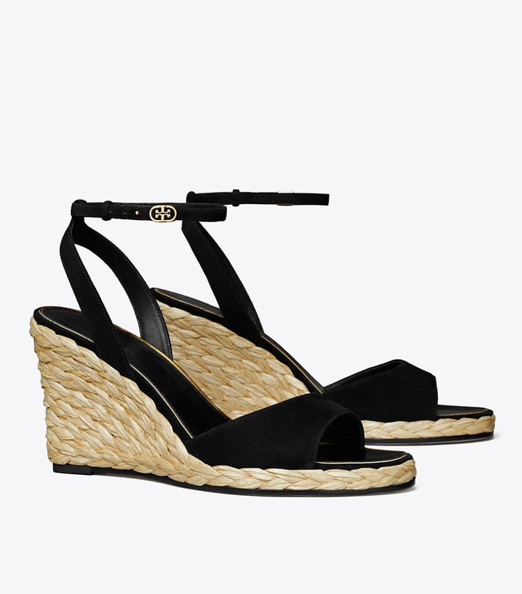 Tory Burch designer espadrilles Raffia Wedge Sandal in PERFECT BLACK angle