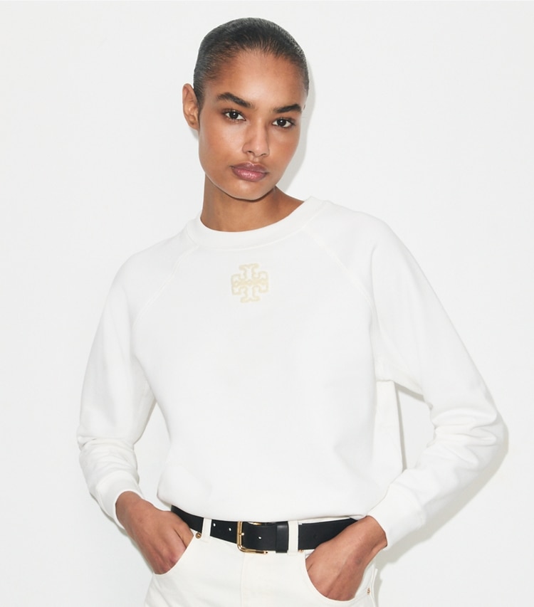 Tory Burch designer sweaters Raglan Cotton Sweatshirt in Snow White on model detail