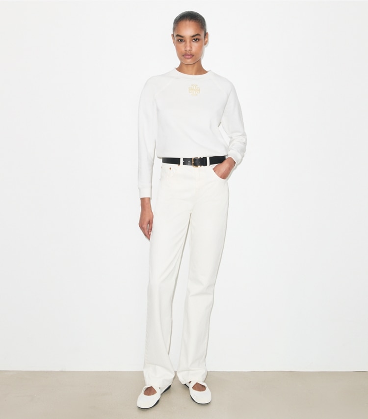 Tory Burch designer sweaters Raglan Cotton Sweatshirt in Snow White on model front