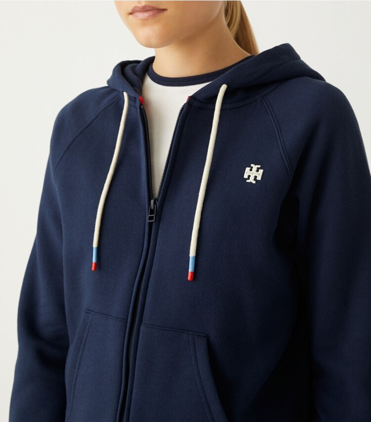 Tory Sport designer sweaters Raglan French Terry Zip Hoodie in Tory Navy on model detail