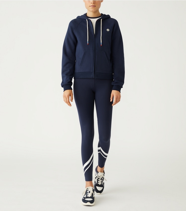 Tory Sport designer sweaters Raglan French Terry Zip Hoodie in Tory Navy on model front